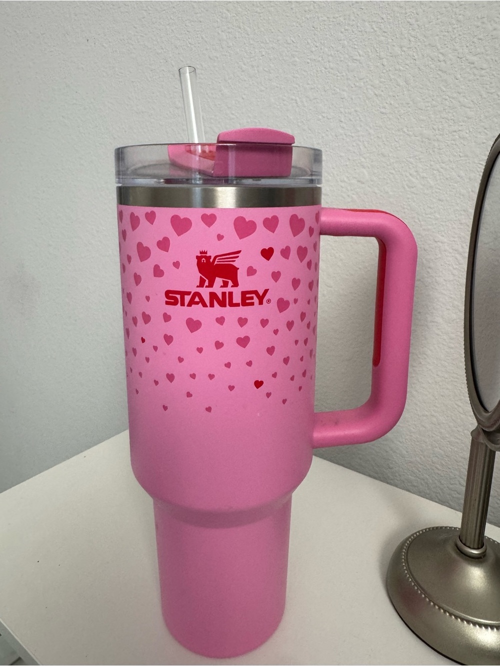 Stanley Pink Heart Handle Travel Tumbler
